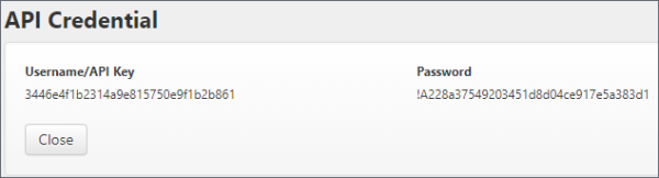 Window that shows the API credentials including username and password.